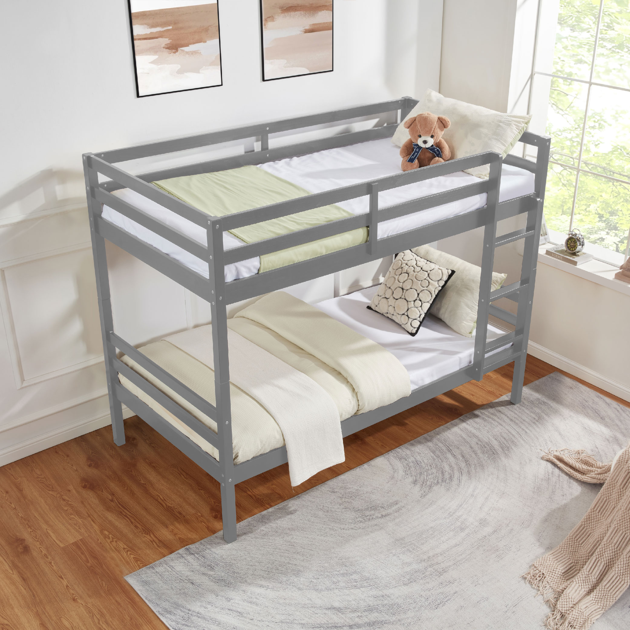 Twin over Twin Bunk Bed with Ladder,Wooden Bunk Bed with High Guardrail and Ladder for Kids, Teens, Dorm Rooms, and Guest Rooms,No Box Spring Needed,Grey Twin over Twin Bunk Bed with Ladder,Wooden Bunk Bed with High Guardrail and Ladder for Kids, Teens, Dorm Rooms, and Guest Rooms,No Box Spring Needed,Grey